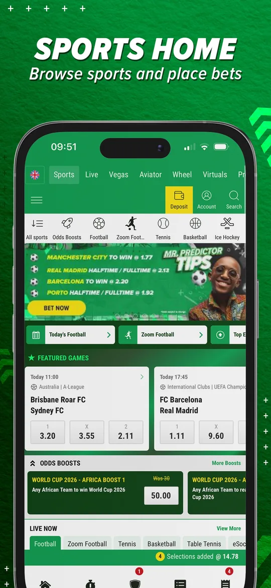 Premier Bet app home screen showing sports and live betting menus